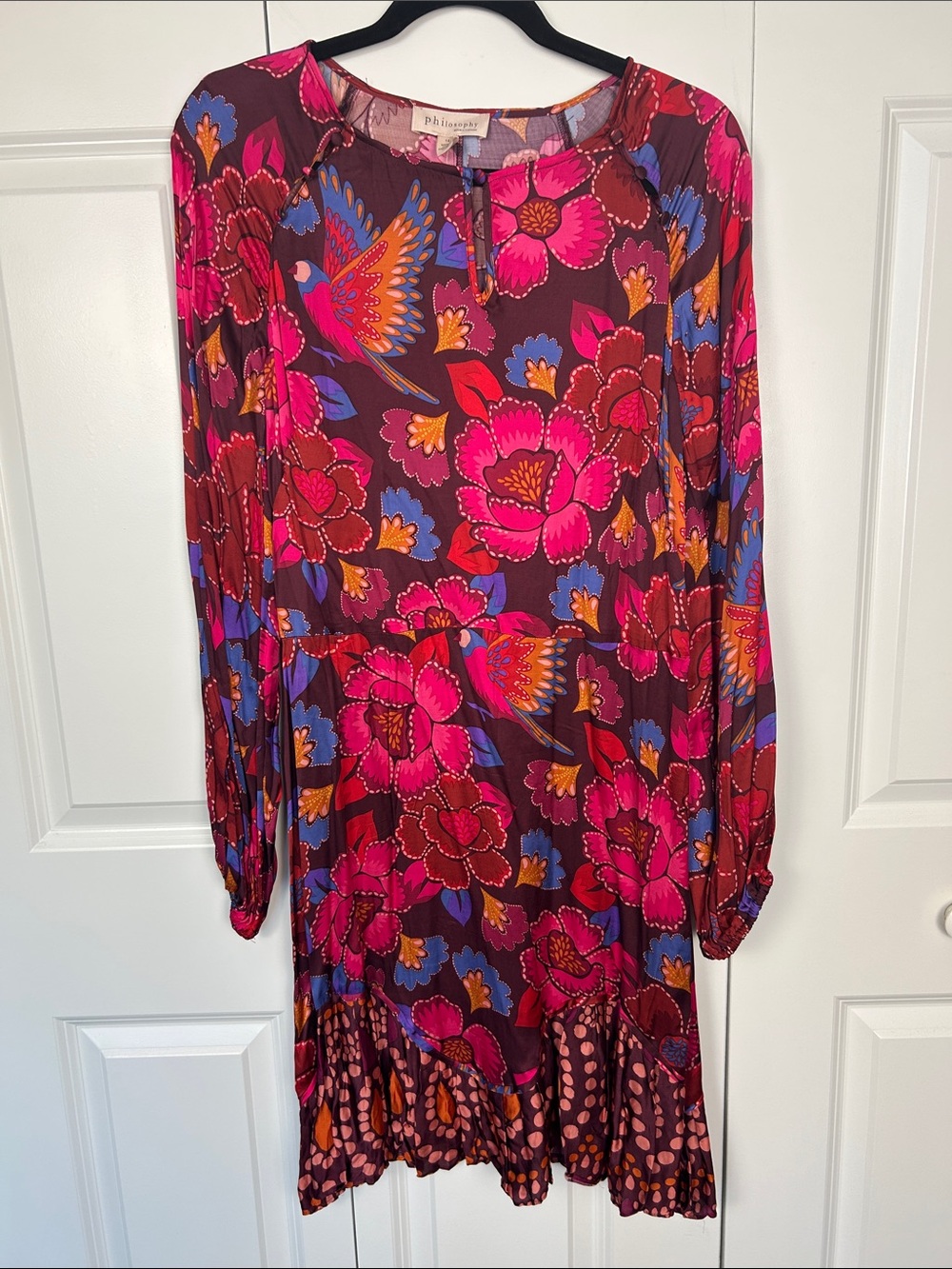 Philosophy Burgundy Floral Long-Sleeve Shift Dress Size 14